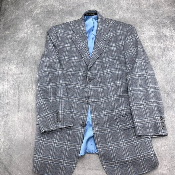 Unbranded Blazer Men 40 Gray Blue Windowpane Plaid Classic Wool Jacket Chile - Picture 2 of 12
